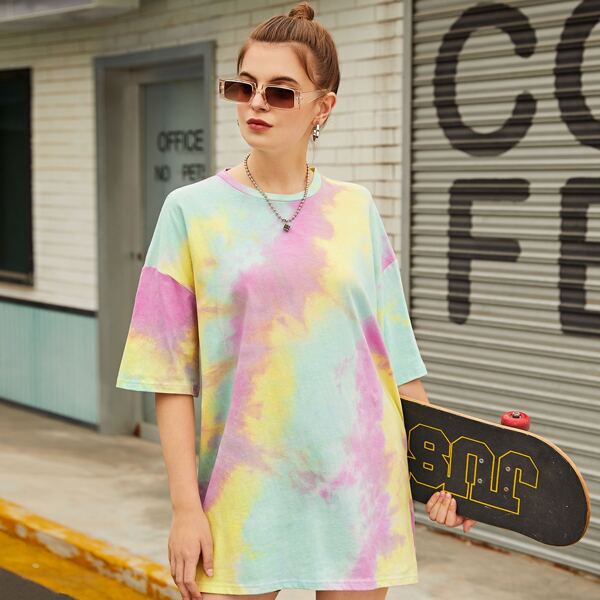 

Drop Shoulder Tie Dye Longline Oversized Tee, Multicolor