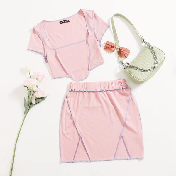 

Stitch Trim Crop Top & Bodycon Skirt Set, Baby pink