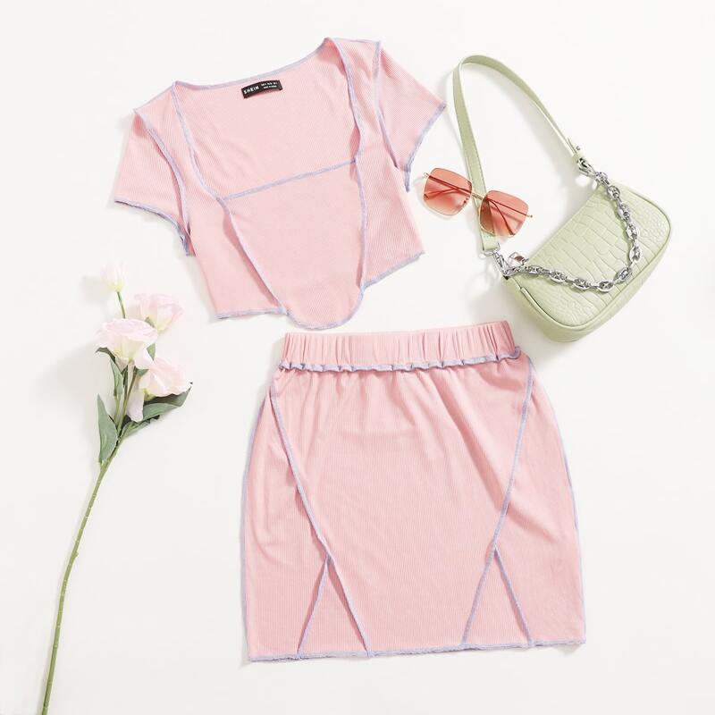 

Stitch Trim Crop Top & Bodycon Skirt Set, Baby pink
