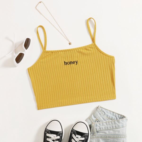 

Letter Embroidery Rib-knit Cami Top, Yellow