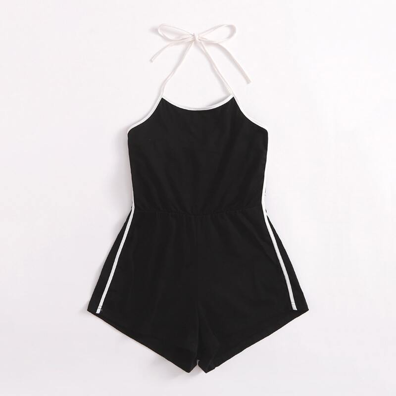 

Contrast Binding Halter Romper, Black
