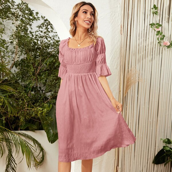

Bell Sleeve Ruched Bust Shirred Dress, Dusty pink