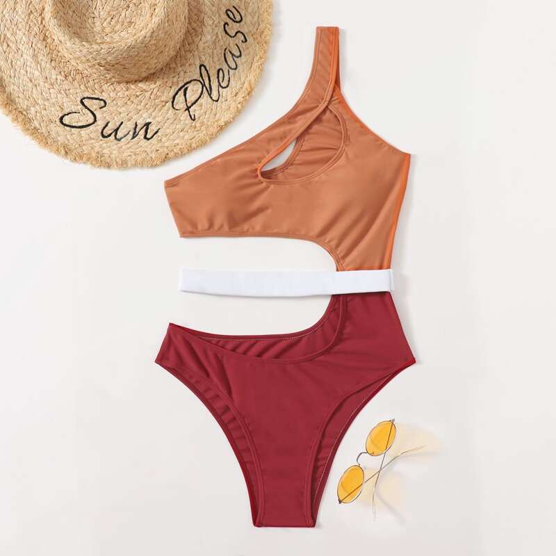 

Color Block Cut Out One Piece Swimsuit, Multicolor