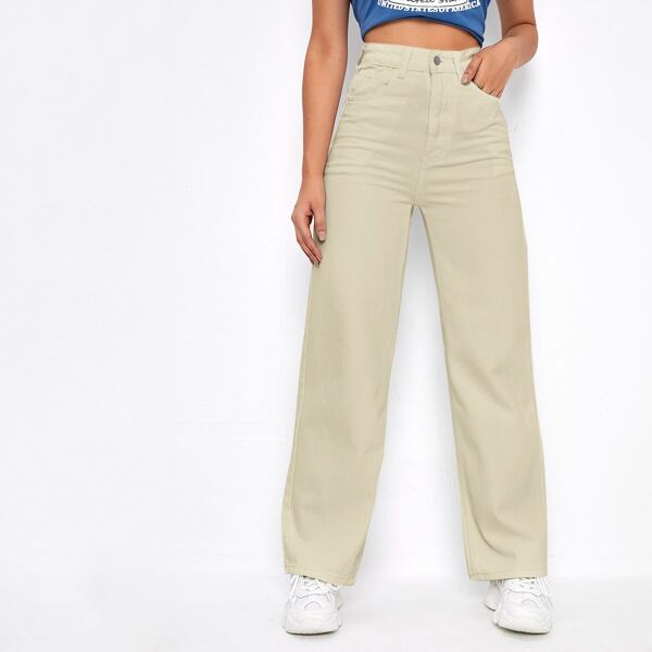 

High Waist Wide Leg Jeans, Beige