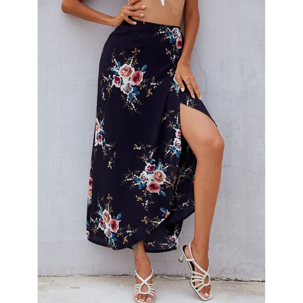

Wrap Knot Floral Print Skirt, Navy blue