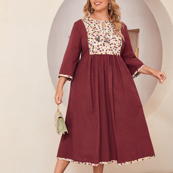 

Plus Tie Neck Floral & Gingham Dress, Burgundy