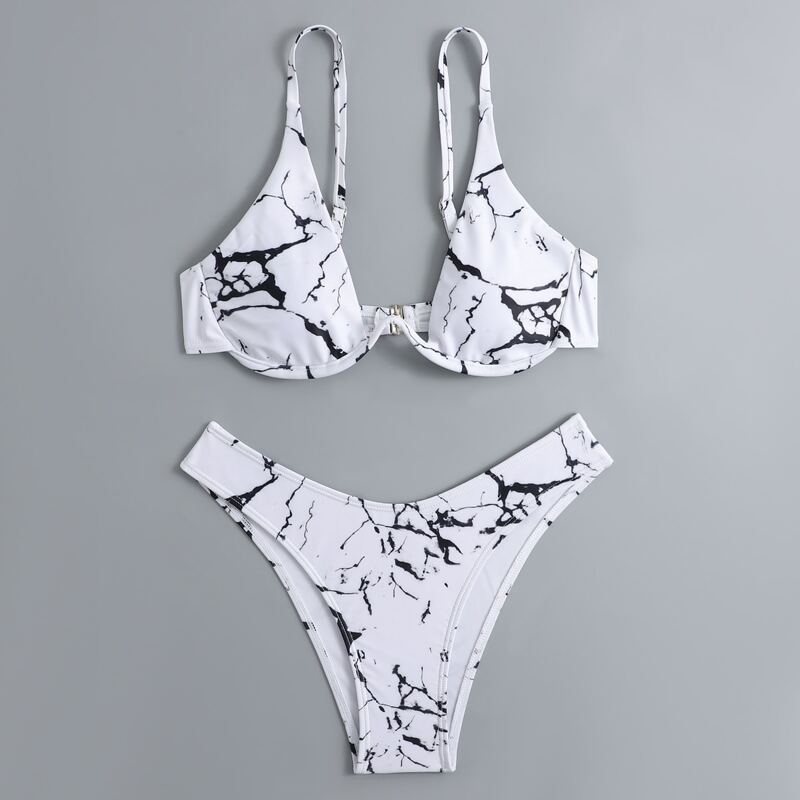 

Marble Print Bikini Swimsuit, Black and white