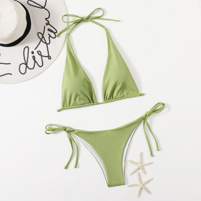 

Solid Rib Bikini Swimsuit, Green