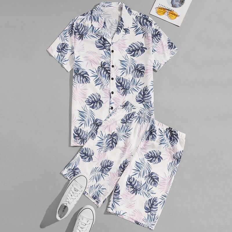 

Guys Allover Tropical Print Shirt With Shorts, Multicolor
