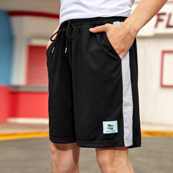 

Men Reflective Patched Drawstring Waist Track Shorts, Black