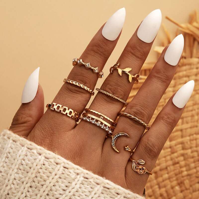 

9pcs Rhinestone Decor Ring, Gold