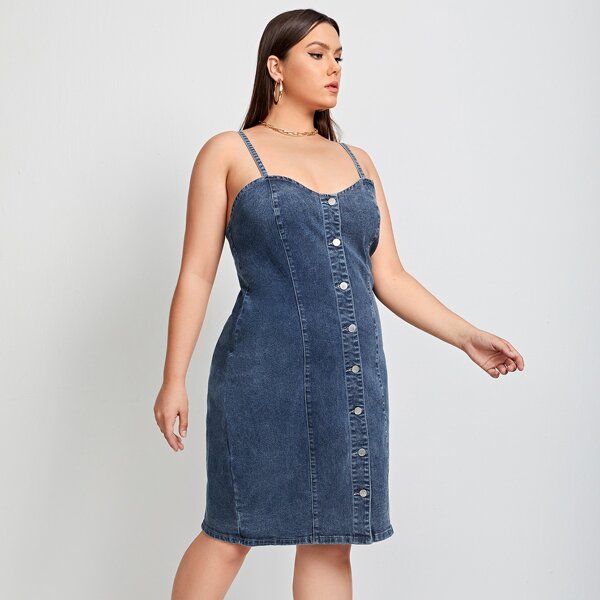 

Plus Button Front Cami Denim Dress, Medium wash