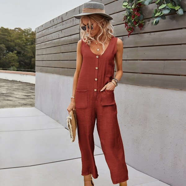

Dual Pocket Button Front Solid Jumpsuit, Burgundy