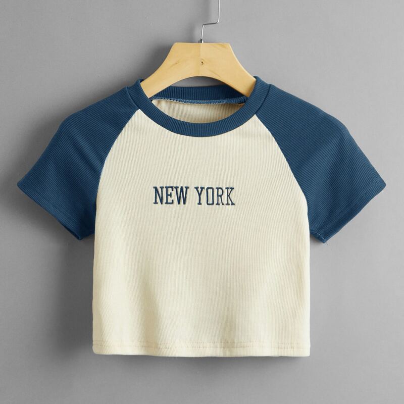 

Letter Embroidery Colorblock Ribbed Tee, Multicolor
