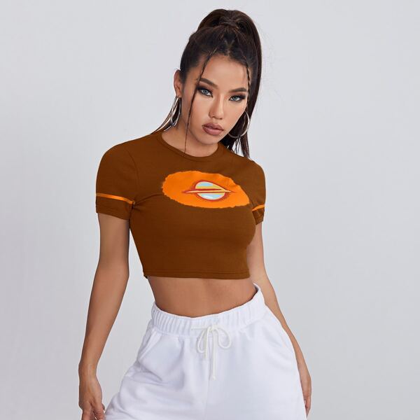 

Graphic Rib-knit Crop Tee, Coffee brown
