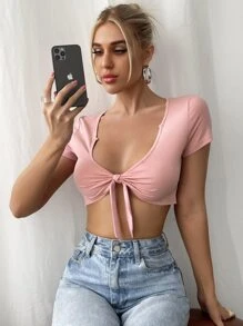 Notch Neck Tie Front Crop Top - Baby Pink - View 1