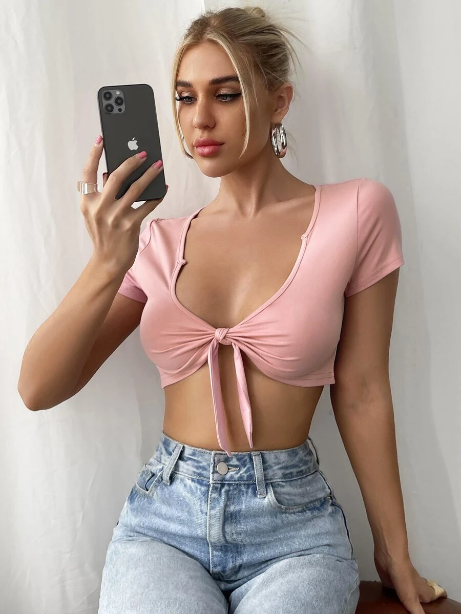 Notch Neck Tie Front Crop Top - Baby Pink - View 1