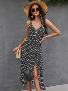 SHEIN VCAY Polka Dot Button Front Cami Dress - Black - View 1