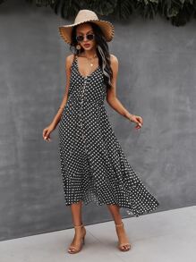 SHEIN VCAY Polka Dot Button Front Cami Dress - Black - View 3
