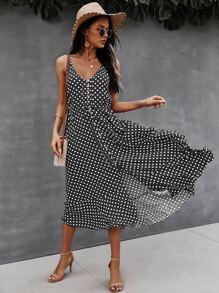SHEIN VCAY Polka Dot Button Front Cami Dress - Black - View 4