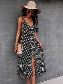 SHEIN VCAY Polka Dot Button Front Cami Dress - Black - View 6