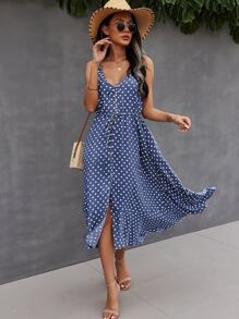 SHEIN VCAY Button Through Drawstring Waist Polka Dot Cami Dress - Blue - View 1