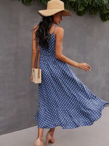 SHEIN VCAY Button Through Drawstring Waist Polka Dot Cami Dress - Blue - View 2