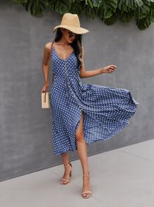 SHEIN VCAY Button Through Drawstring Waist Polka Dot Cami Dress - Blue - View 4