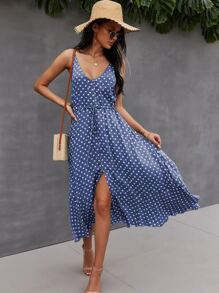 SHEIN VCAY Button Through Drawstring Waist Polka Dot Cami Dress - Blue - View 5