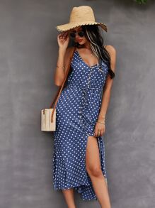 SHEIN VCAY Button Through Drawstring Waist Polka Dot Cami Dress - Blue - View 6