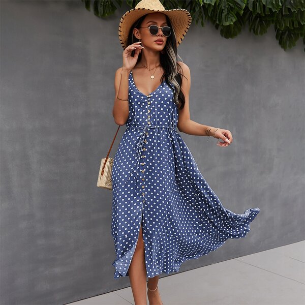 

Button Through Drawstring Waist Polka Dot Cami Dress, Blue