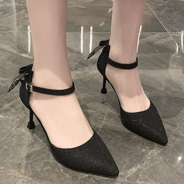 

Point Toe Bow Decor Ankle Strap Pumps, Black