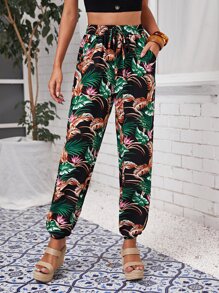 SHEIN Unity 熱帶圖案繫腰帶褲子 - 彩色 - 查看 1