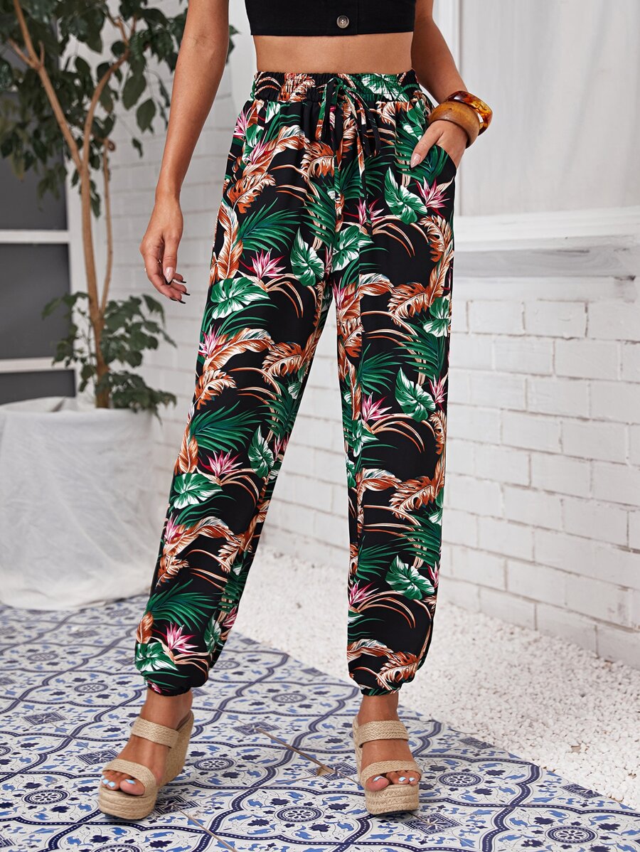 SHEIN Unity 熱帶圖案繫腰帶褲子 - 彩色 - 查看 1