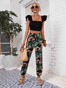 SHEIN Unity 熱帶圖案繫腰帶褲子 - 彩色 - 查看 3