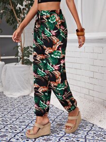 SHEIN Unity 熱帶圖案繫腰帶褲子 - 彩色 - 查看 5