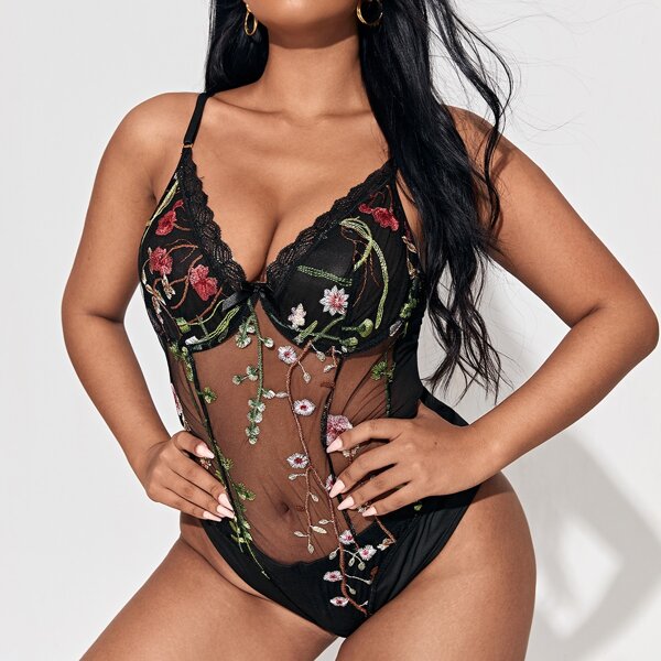 

Plus Embroidery Mesh Teddy Bodysuit, Multicolor