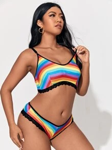 Plus Rainbow Stripe Lace Trim Lingerie Set - Multicolor - View 1