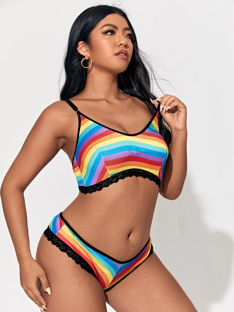 Plus Rainbow Stripe Lace Trim Lingerie Set - Multicolor - View 1