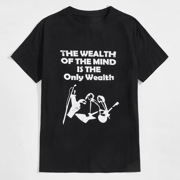 

Men Slogan And Musical Instrument Print Tee, Black