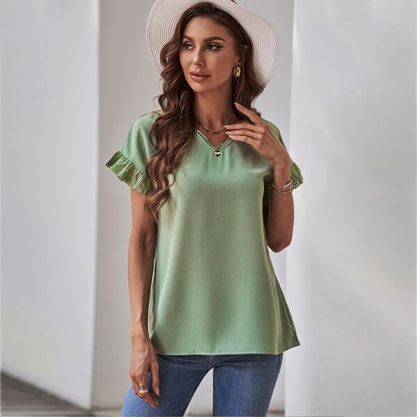 

Solid V-neck Flounce Sleeve Blouse, Mint green
