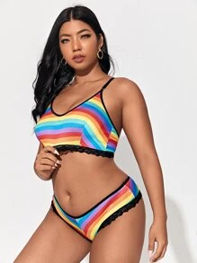 Plus Rainbow Stripe Lace Trim Lingerie Set - Multicolor - View 3