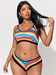 Plus Rainbow Stripe Lace Trim Lingerie Set - Multicolor - View 4