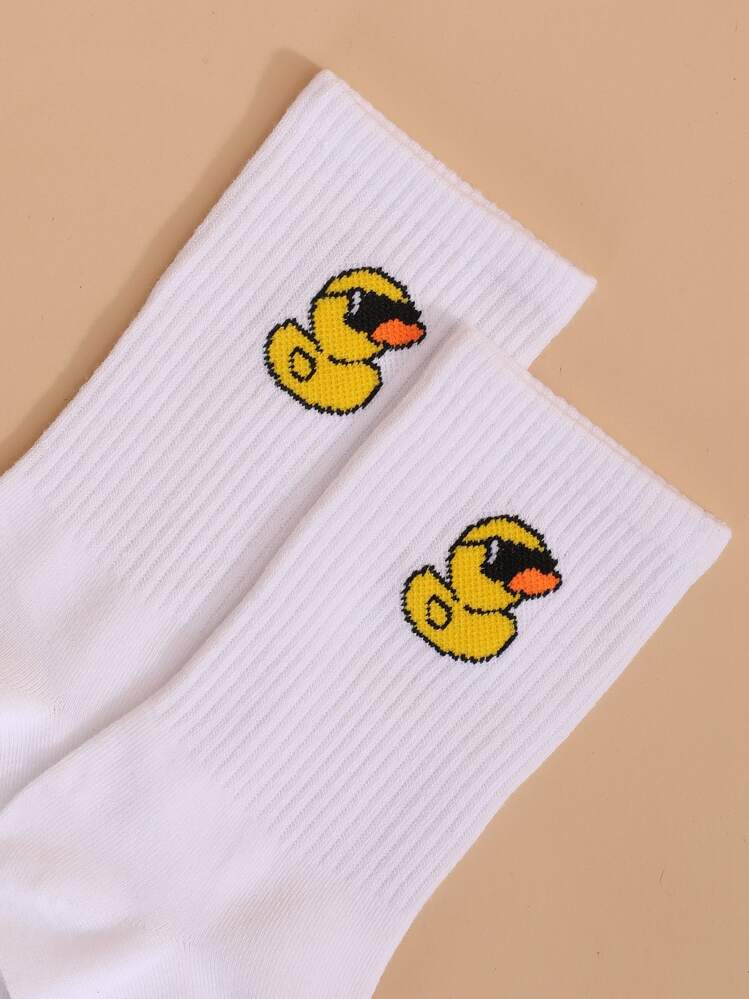 Cartoon Duck Graphic Crew Socks - White - View 3