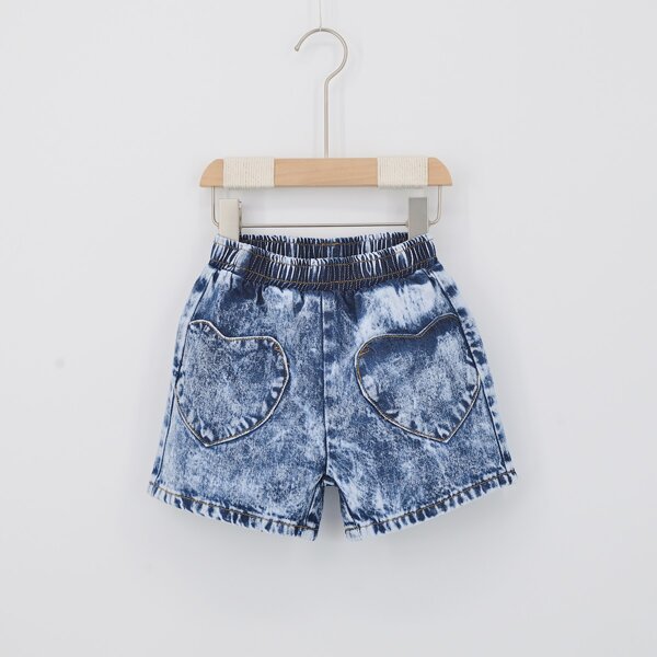 

Toddler Girls Washed Heart Pocket Patched Denim Shorts, Medium wash