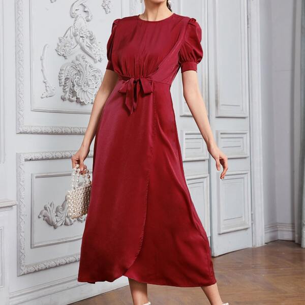 

Puff Sleeve Tie Front Satin Dress, Burgundy