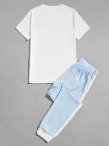 Manfinity Hypemode 男士標語圖案T恤和腰部抽繩運動褲 - 藍白色 - 查看 2