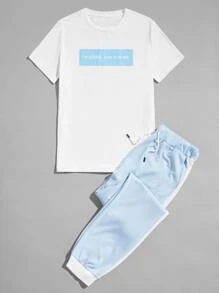 Manfinity Hypemode 男士標語圖案T恤和腰部抽繩運動褲 - 藍白色 - 查看 4