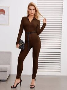 SHEIN SXY 拉鏈腰帶連身長褲 - 巧克力棕 - 查看 1