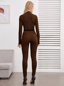 SHEIN SXY 拉鏈腰帶連身長褲 - 巧克力棕 - 查看 2